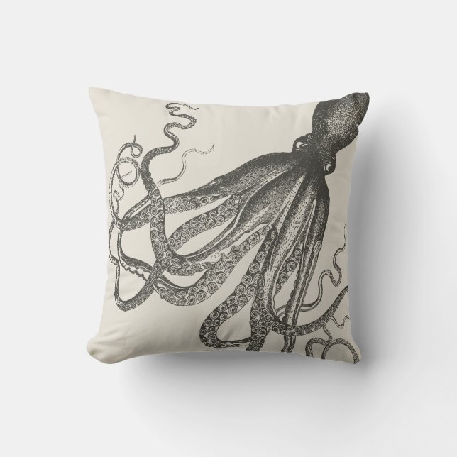 Grappige Vintage Handgetekende Octopus Kussen (Voorkant)
