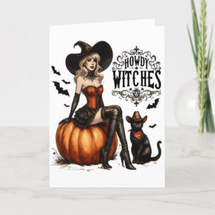 Grappige Vintage Howdy Heksen Halloween Feestdagen Kaart