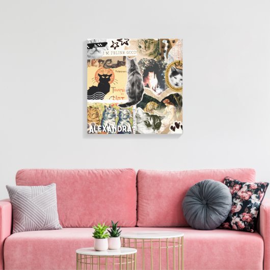 Grappige Vintage Katten Kunst Collage Kattenliefhe Canvas Afdruk (Insitu (Woonkamer))