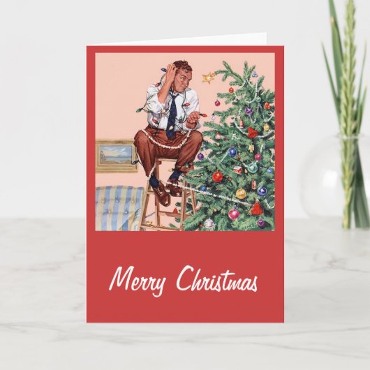 Grappige vintage man versiert kerstboom retro feestdagen kaart (Voorkant)