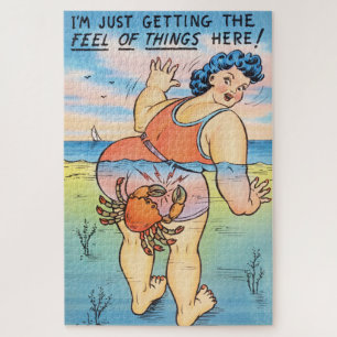 Grappige vintage strandhumor krabbenaanval illustr legpuzzel