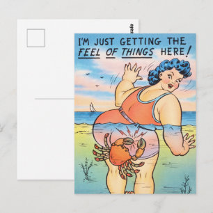 Grappige vintage strandhumor krabbenaanvalillustra briefkaart