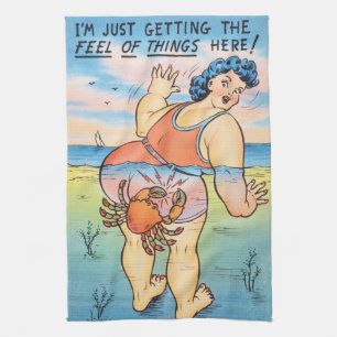 Grappige vintage strandhumor krabbenaanvalillustra theedoek