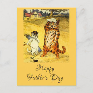 Grappige vintage Vaderdag golfende kat & caddie Feestdagenkaart