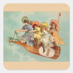 Grappige vintage victoriaanse vrouwen die bier dri vierkante sticker