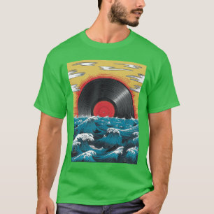 Grappige vintage vinylplaat zon Japanse kunst DJ E T-shirt