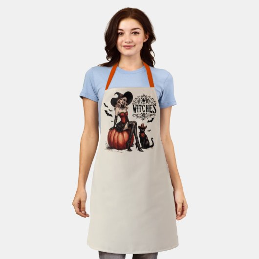 Grappige Vintage Westerse Heksen Halloween Schort (Gedragen)