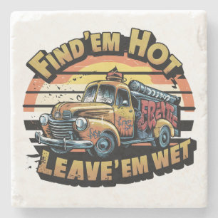 Grappige Vintage Zonsondergang Brandweerwagen Graf Stenen Onderzetter