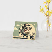 Grappige vis en kat wenskaart kaart (Gele Bloem)