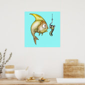 grappige vis en worm poster (Keuken)