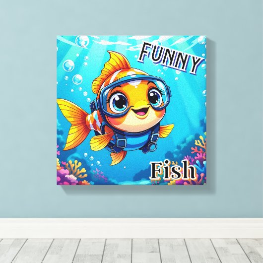 grappige vis | Schattigee Cartoon Kind Nursery Art Canvas Afdruk (Insitu (Houten vloer))