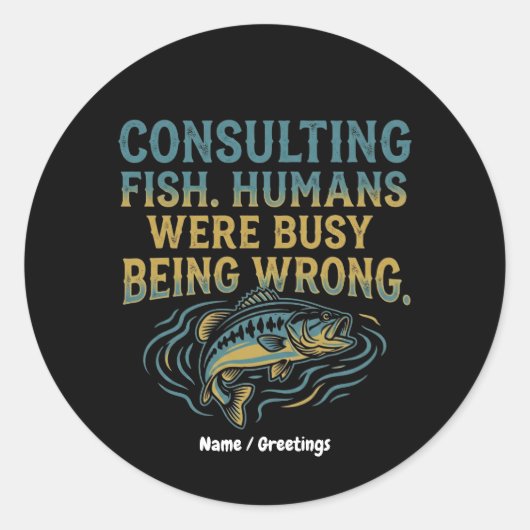 Grappige visconsulting mensen waren druk bezig met ronde sticker (Voorkant)