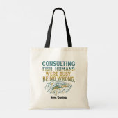 Grappige visconsulting mensen waren druk bezig met tote bag (Achterkant)