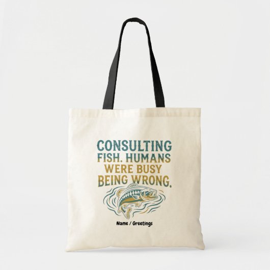 Grappige visconsulting mensen waren druk bezig met tote bag (Voorkant)