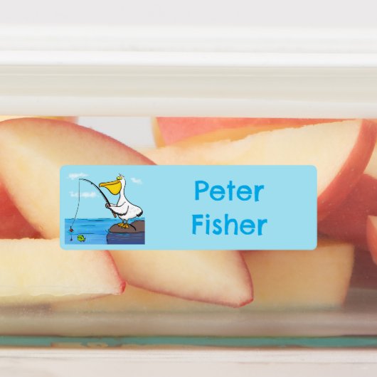 Grappige vissen pelikaan cartoon gepersonaliseerd labels (Aangebracht)