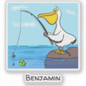 Grappige vissende pelikaan cartoon sticker (Voorkant)