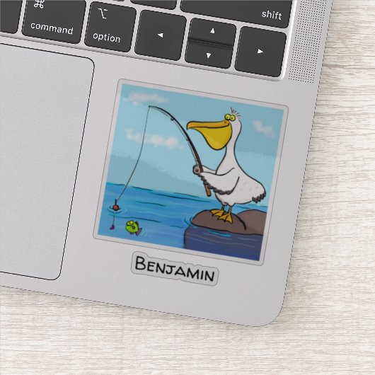 Grappige vissende pelikaan cartoon sticker (Detail)