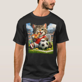Grappige Voetbal Kat Eet Pizza Cartoon Ontwerp T-shirt