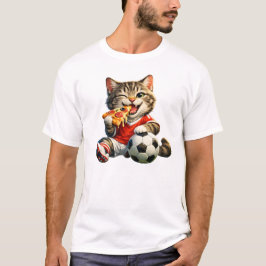 Grappige Voetbal Kat Eet Pizza Cartoon Ontwerp T-shirt