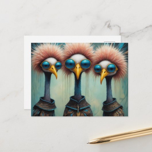 Grappige vogels in truien briefkaart (Voorkant / Achterkant in situ)