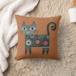 Grappige volkskunst Retro Boho Cat Clay Kussen