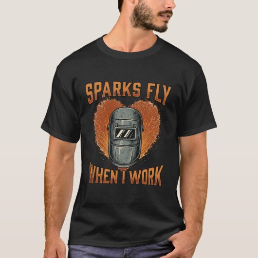 Grappige "Vonken Vliegen Als Ik Werk" Lashelm T-shirt (Voorkant)