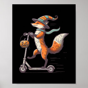 Grappige Vos Op Scooter Valende Pompoen Halloween Poster