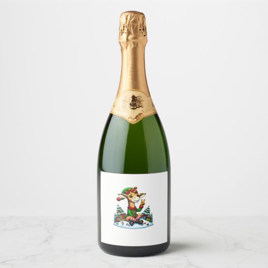 Grappige Vrede Hand Giraffe Elf Kerst Vrouwen Mann Sparkling Wijnetiket (Voorkant)