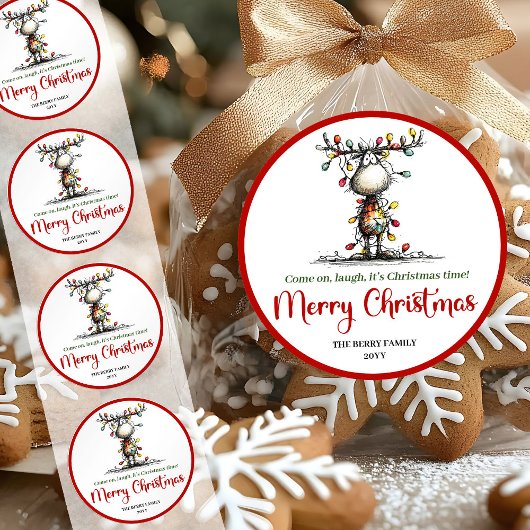 Grappige vreemde rendiersticker met kerstlicht ronde sticker
