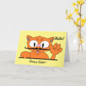 Grappige Vriendschapskaart Meow's het gaan? Cartoo Kaart (Gele Bloem)