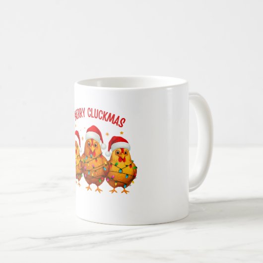 Grappige vrolijke cluckmas kip verpakt in kerst koffiemok (Voorkant rechts)