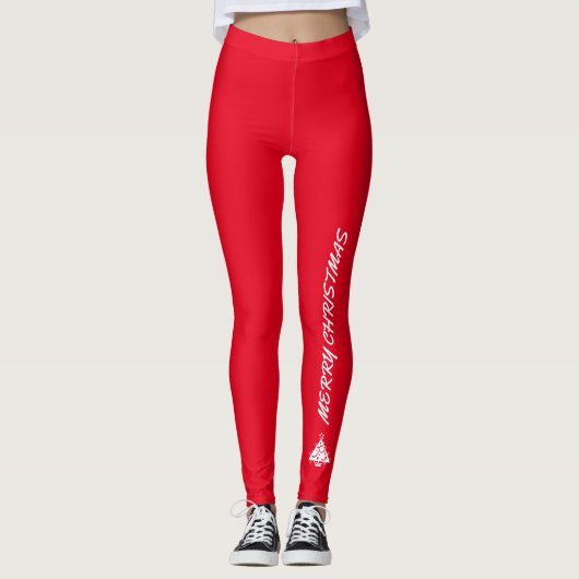 Grappige Vrolijke Kerstboom Rode Witte Typografie Leggings (Voorkant)