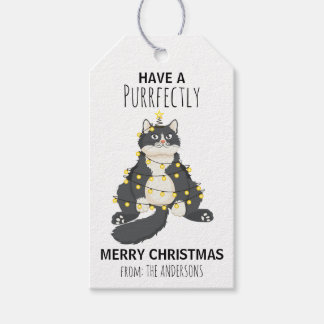 Grappige Vrolijke Kerstkattenboom Schattige Cartoo Cadeaulabel