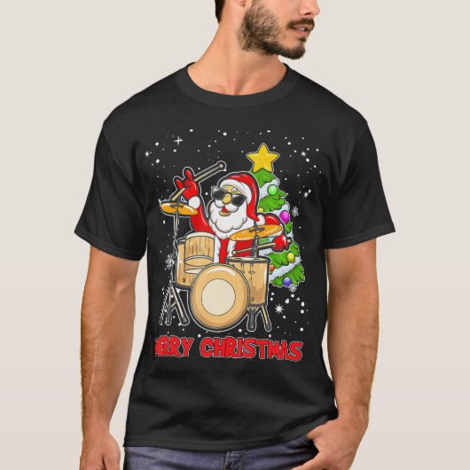 Grappige Vrolijke Kerstmis Drum en Kerstman Drumme T-shirt (Voorkant)