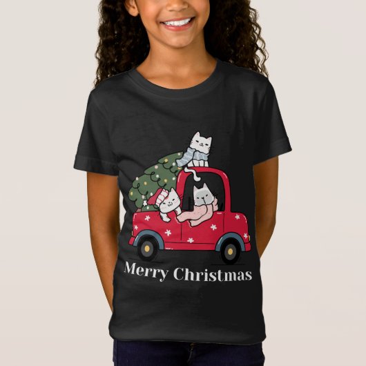 Grappige Vrolijke Kerstmis Rode Vrachtwagen Kat T-shirt (Voorkant)