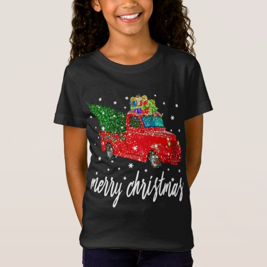 Grappige Vrolijke Kerstmis Rode Vrachtwagenboom T-shirt (Voorkant)