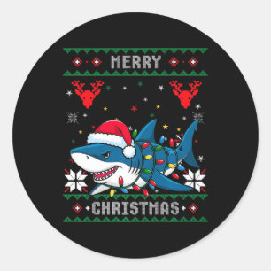 Grappige vrolijke lelijke kersthaai kerstmuts lich ronde sticker