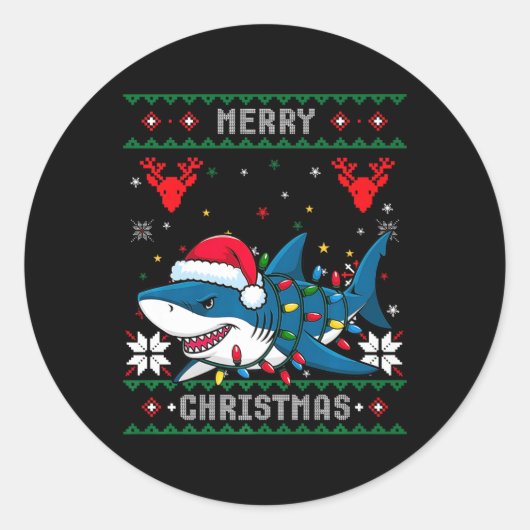 Grappige vrolijke lelijke kersthaai kerstmuts lich ronde sticker (Voorkant)