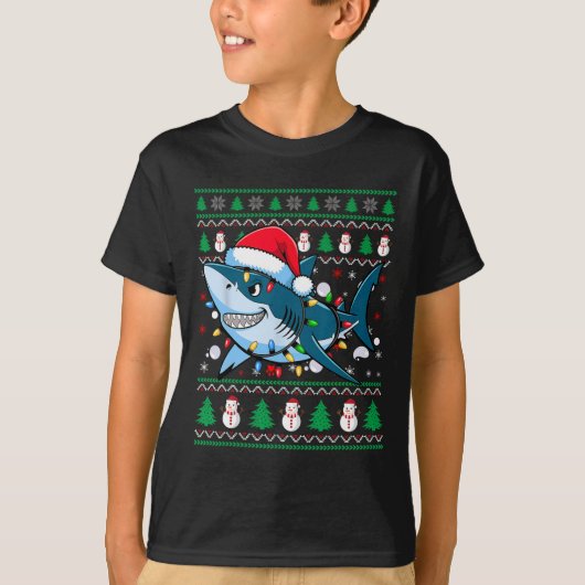 Grappige vrolijke lelijke kersthaai kerstmuts lich t-shirt (Voorkant)