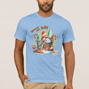 Grappige vrolijke sneeuwman surfplanken op het str t-shirt