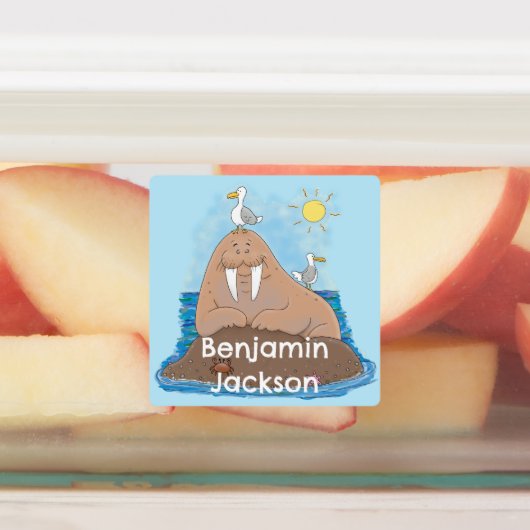 Grappige vrolijke walrus cartoon gepersonaliseerd labels (Aangebracht)