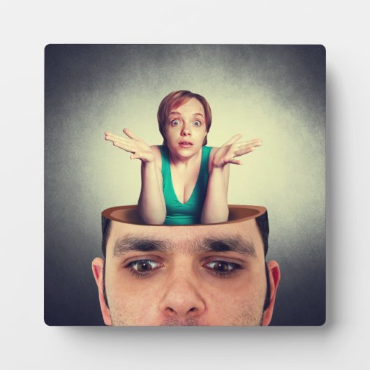 Grappige vrouw in het man hoofd fotoplaat (Voorkant)