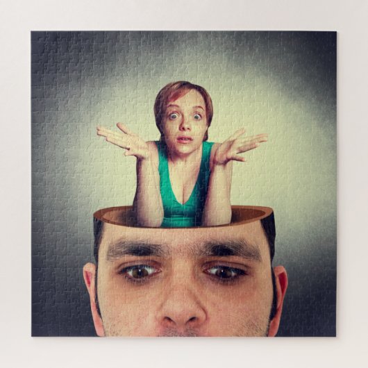 Grappige vrouw in het man hoofd legpuzzel (Verticaal)