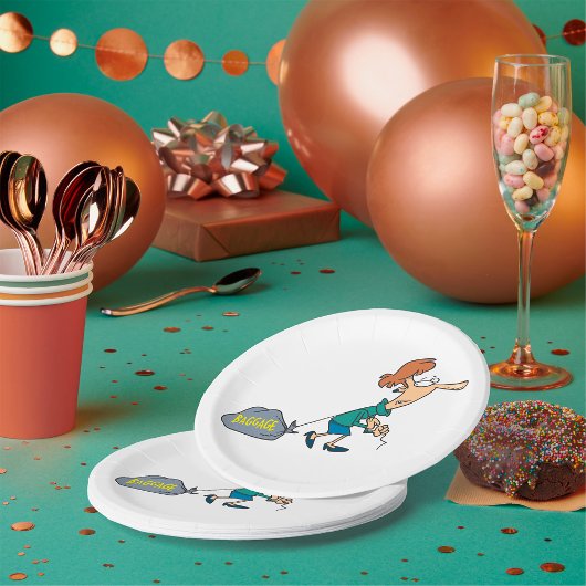 Grappige vrouw met emotionele bagage papieren bordje