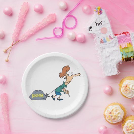 Grappige vrouw met emotionele bagage papieren bordje (Feest)