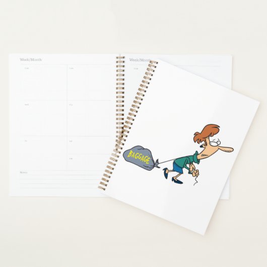 Grappige vrouw met emotionele bagage planner (Display)