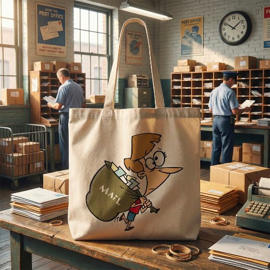 Grappige vrouw met zware postzak tote bag