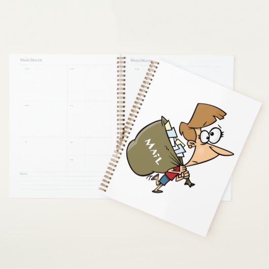 Grappige vrouw zeult met zware postzak planner (Display)