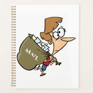 Grappige vrouw zeult met zware postzak planner