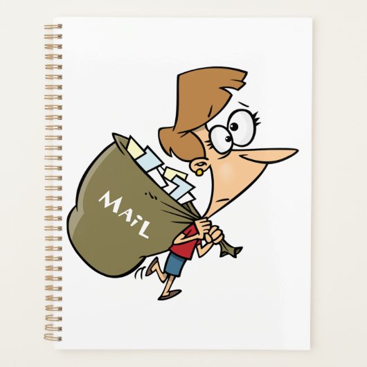 Grappige vrouw zeult met zware postzak planner (Voorkant)
